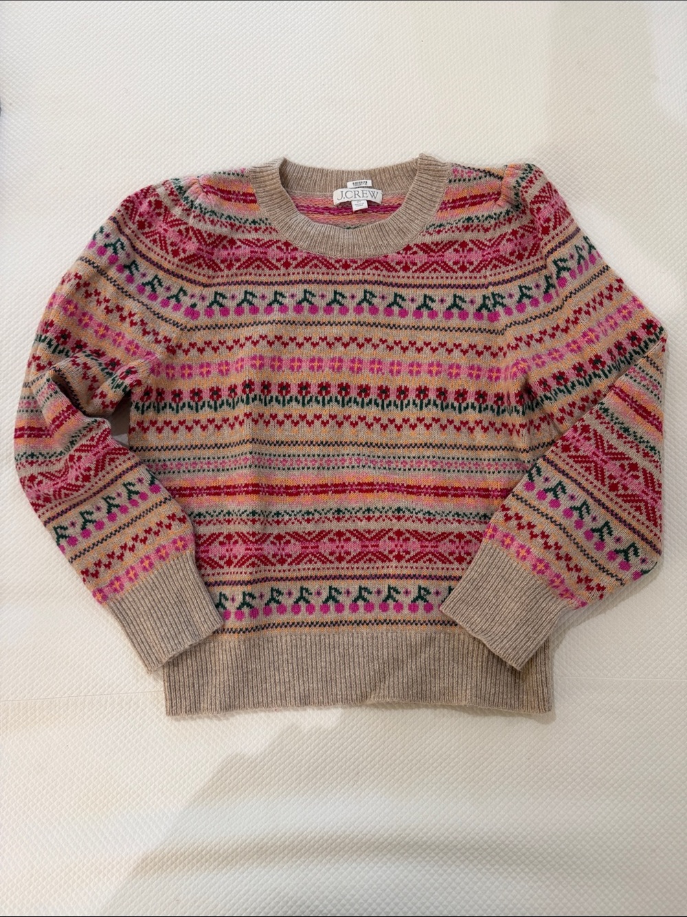 J. Crew Beige Fair Isle Crewneck Sweater with Pink and Green Accents